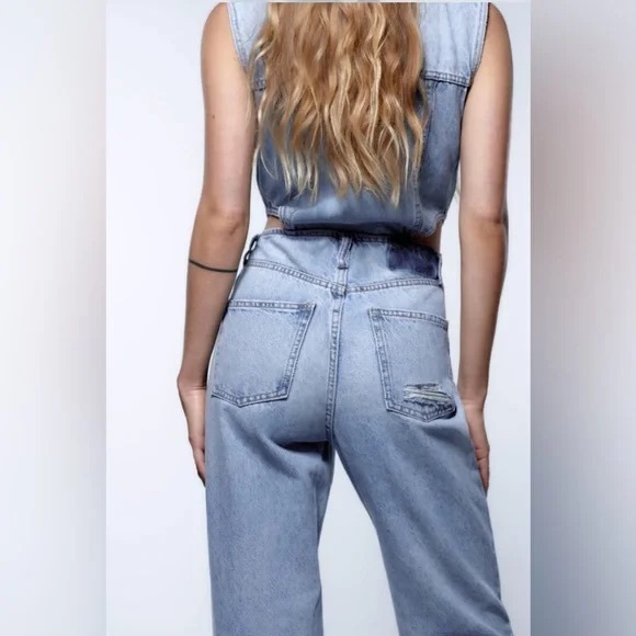 Zara Light Blue Denim Jumpsuit with Cutouts - Picture 3 of 8